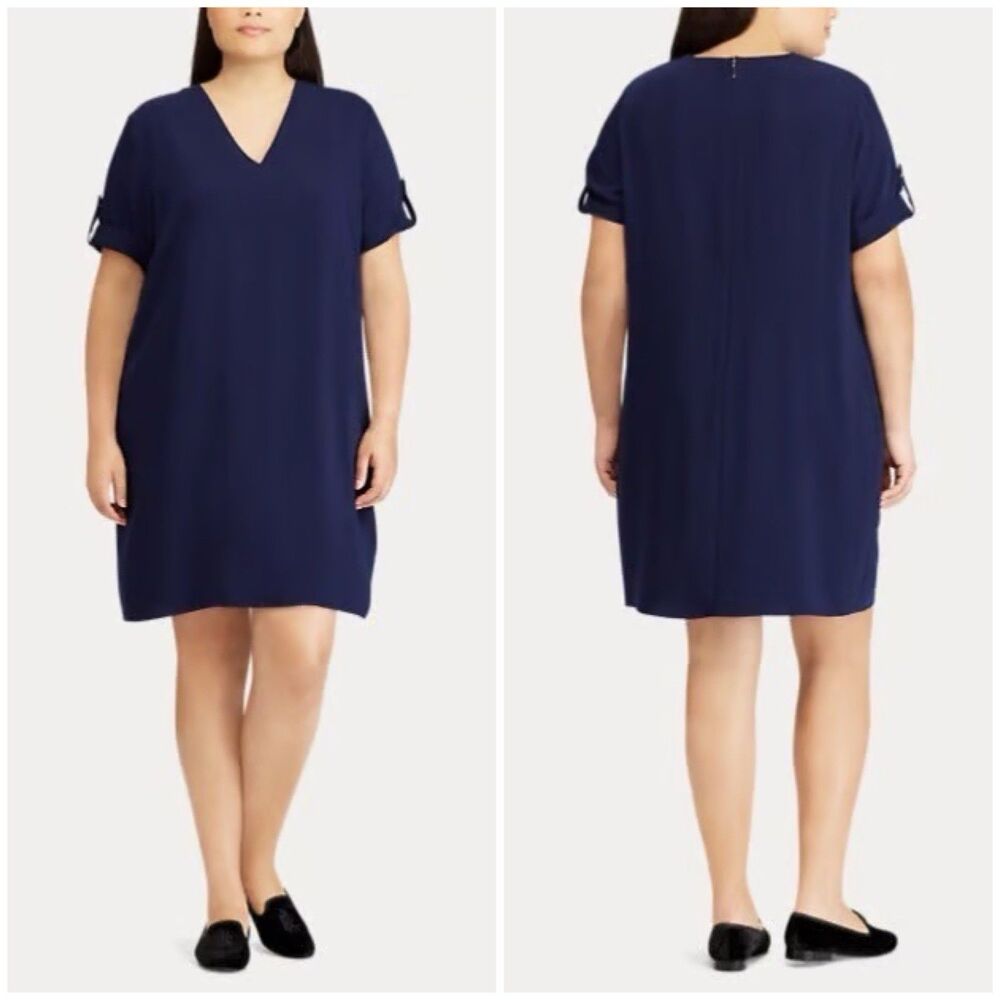 Lauren Ralph Lauren Navy Blue Roll Tab Short Sleeve Shift V-Neck Dress 16W Chic